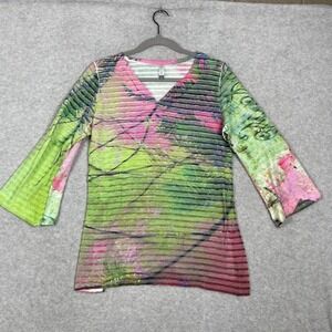 Whimsy Rose Abstract Print V-Neck Top Multicolor Womens L Artsy Boho Maximalist